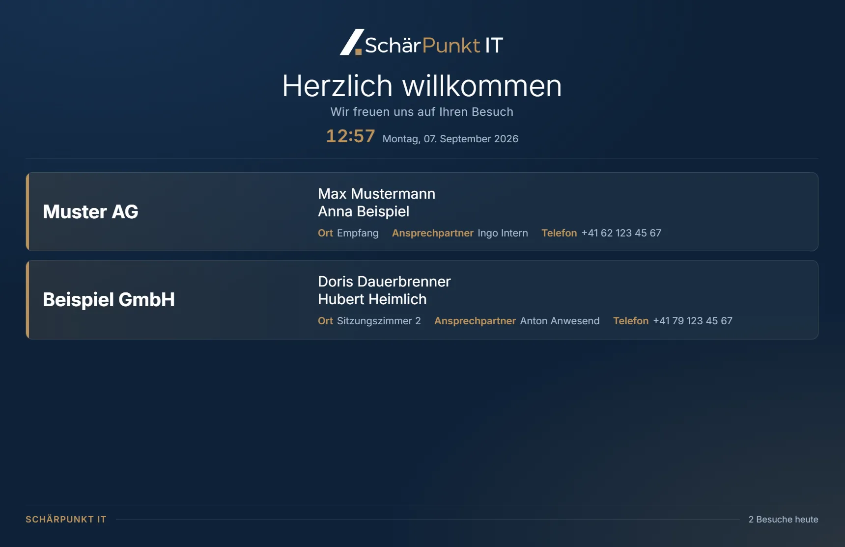 SchärPunkt Welcomescreen: Willkommensbildschirm mit Uhrzeit, Datum und den heutigen Besuchseinträgen inklusive Ort und Ansprechpartner